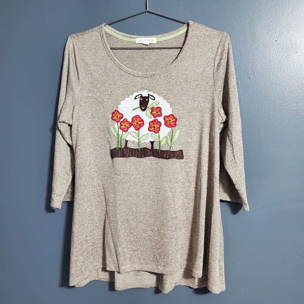 Cactus + Pearl Taupe Knit Top with Sheep and Flower Applique with Half Sleeves - Picture 1 of 5